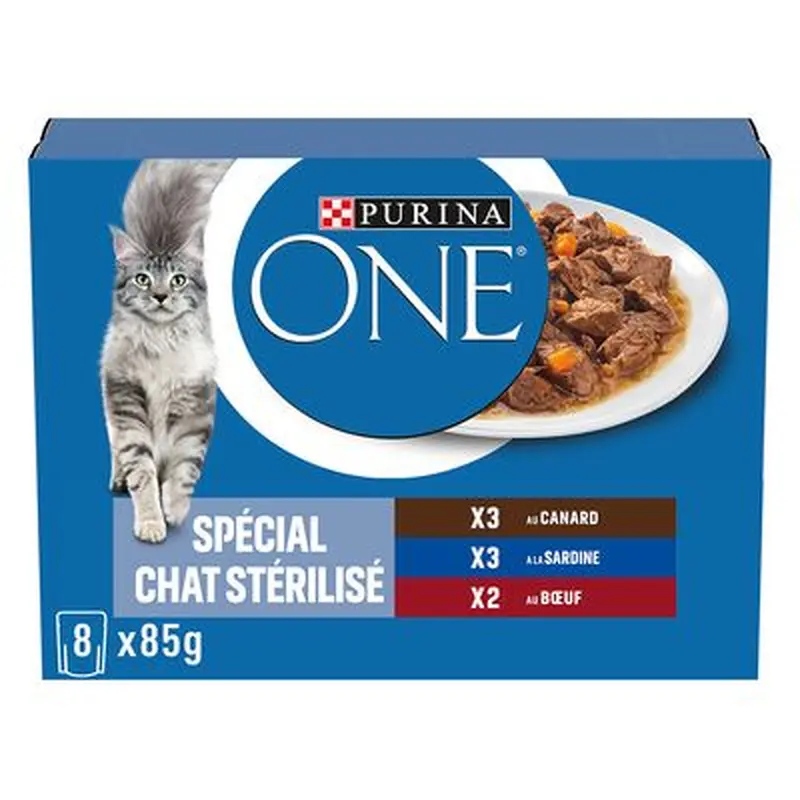 Mixed package PURINA ONE Sterilized cat 8 x 85 g - Duck, beef, sardine