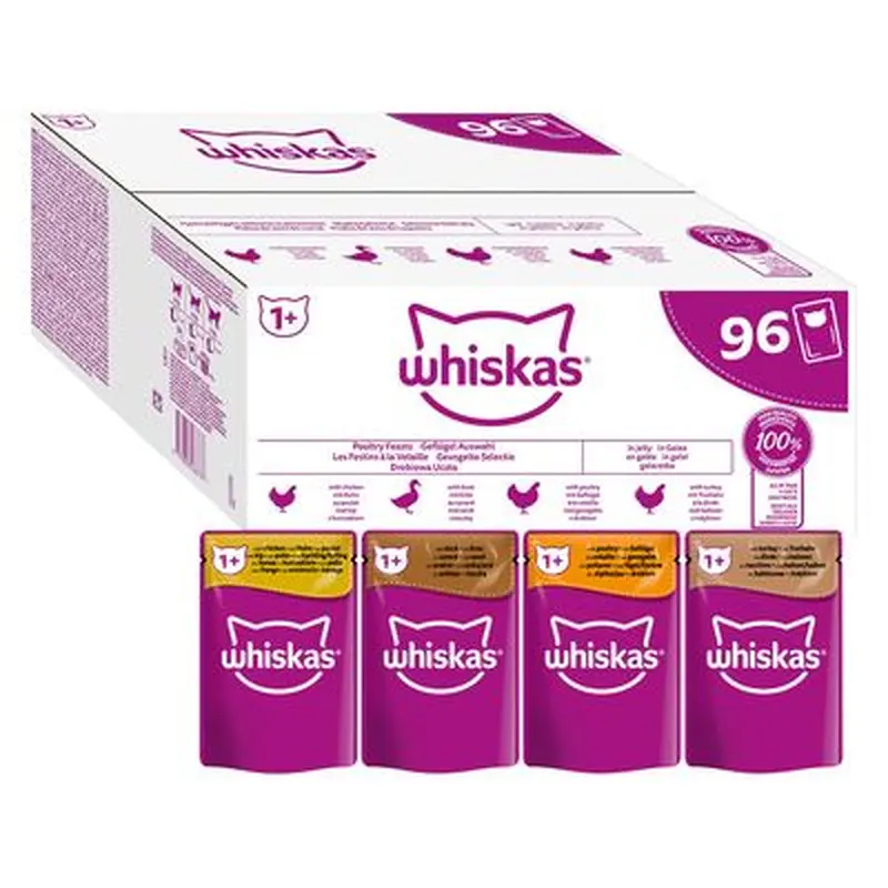 Whiskas 1+ Pouches Mega Pack 96 x 85g - Meat Feasts in Gravy
