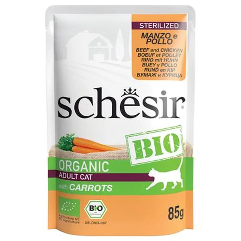 Schesir Bio Organic Pouch 8 x 85g - Sterilised Organic Beef & Organic Chicken