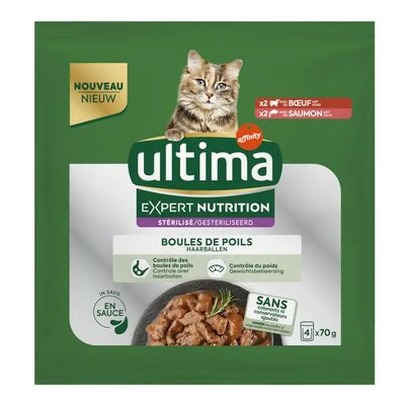 Ultima Cat Expert Nutrition Hairball Beef & Salmon - Saver Pack: 44 x 70g