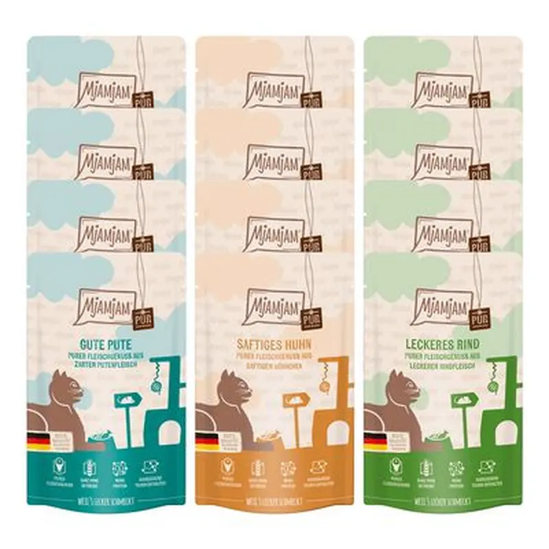 MjAMjAM Pure Meat Pleasure 12 x 125g - Mixed Pack (3 Varieties)