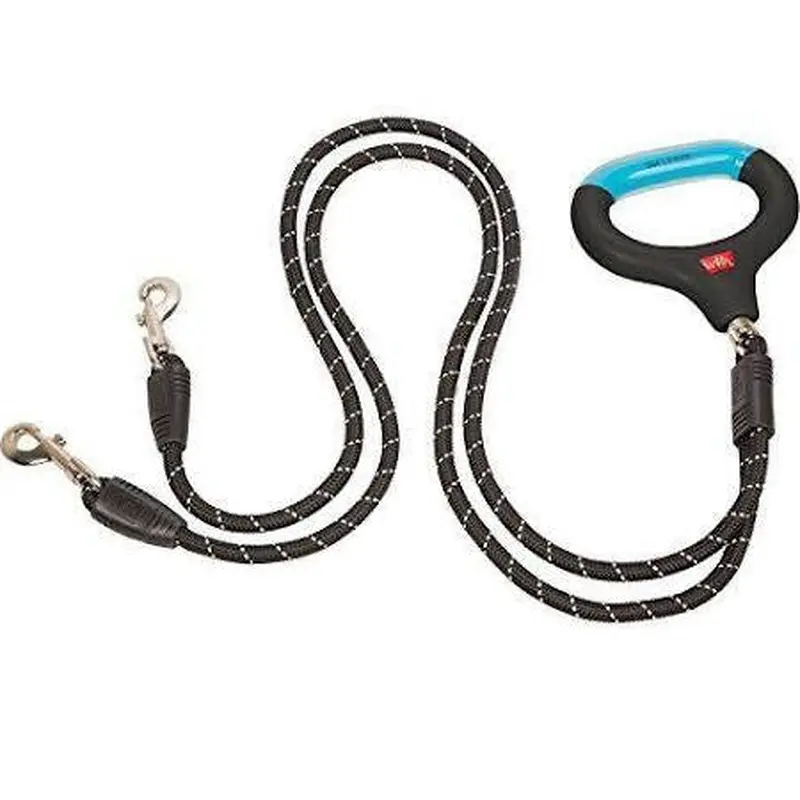 Wigzi Dual Doggie Reflective Rope Gel Handle Leash Small/Medium Black with Blue 