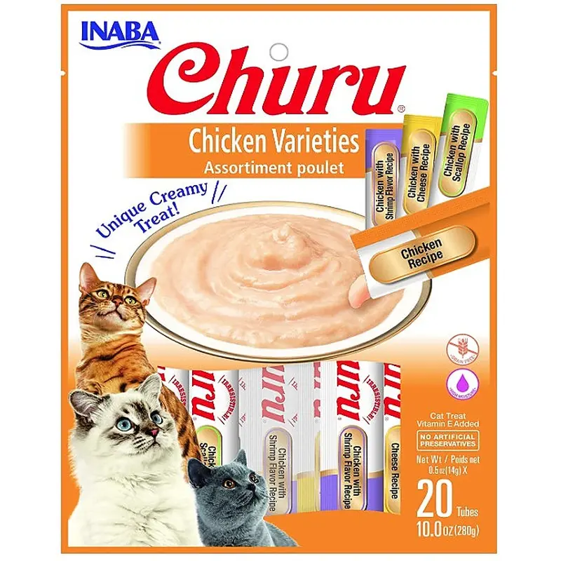 INABA Churu Creamy  Lickable Pure Cat Treat w Taurine  0.5 oz  20 Tubes  Chicken Variety