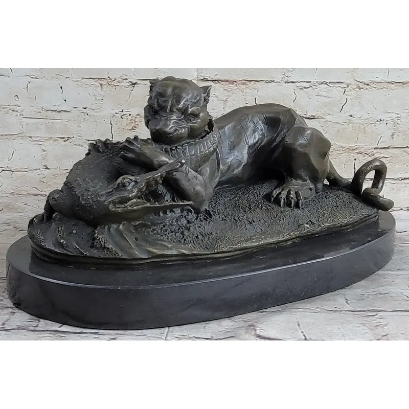 Panther Puma Mountain Lion vs. Alligator Cayman Crocodile Bronze Sculpture Statue