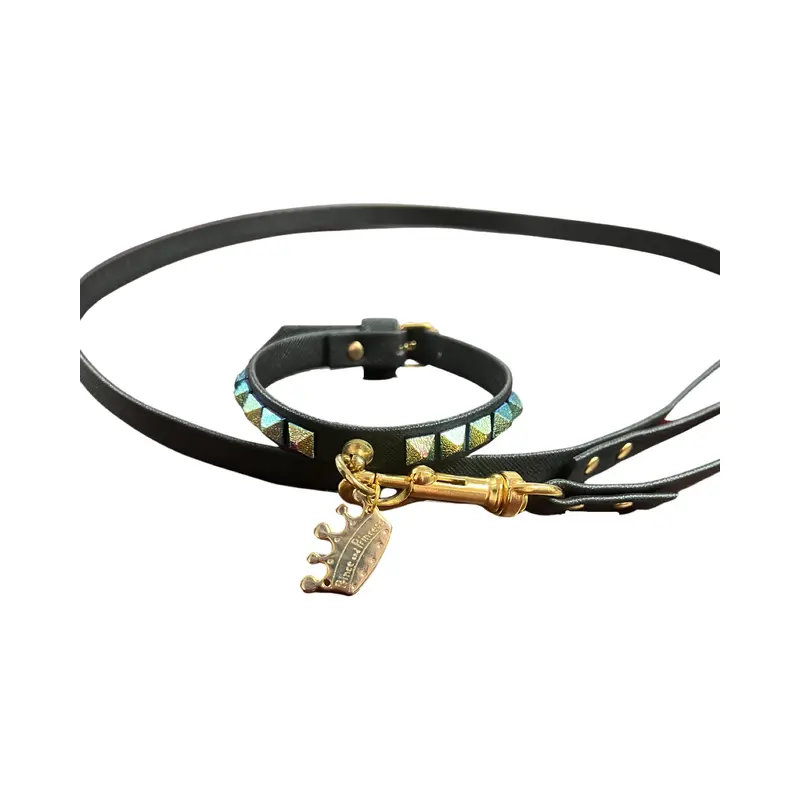 Fashion Collar and Plain Leash Set - Black with Metallic Studs