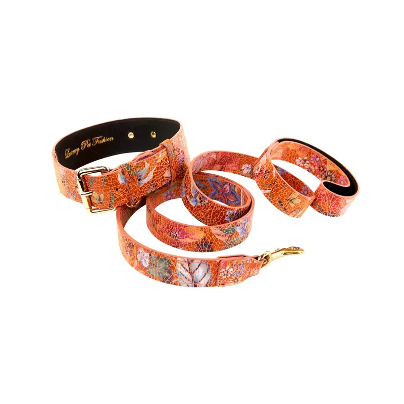 Orange Floral Italian Leather Classic Collar & Leash Set