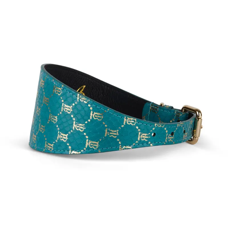Teal & Gold Monogram Snake 3 Wide Style Collar