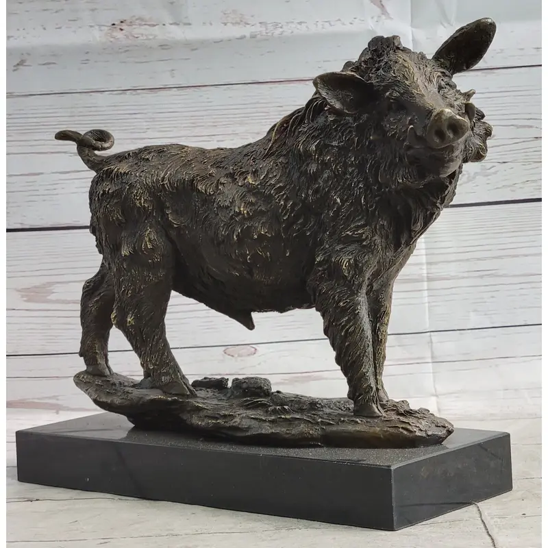 Wild Boar Hog Pig Bronze Sculpture Statue Figure Wildlife Art Decor Marble Base