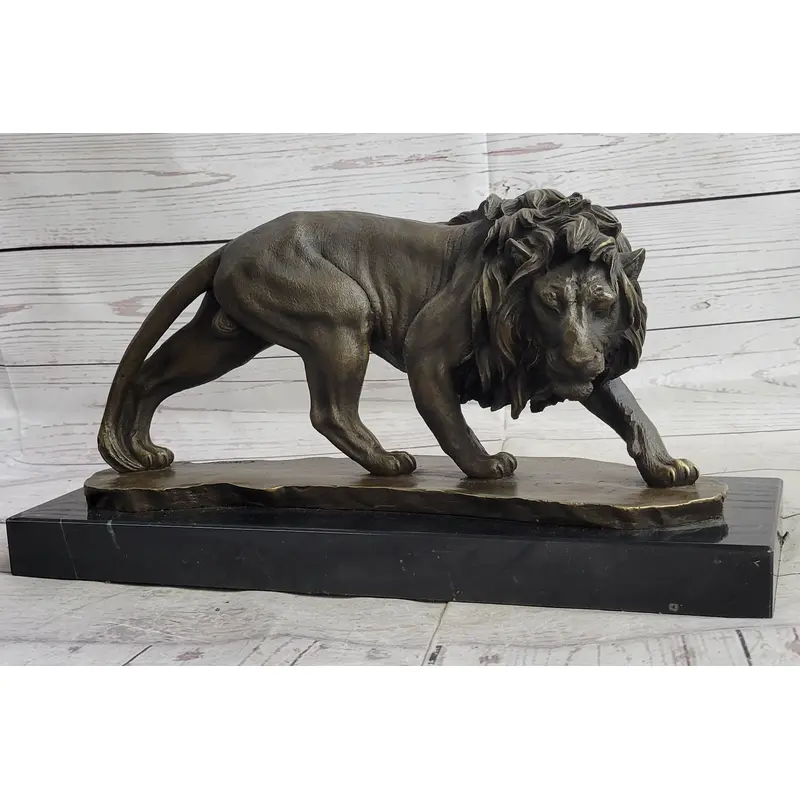 Male Lion Stalking Prey Bronze Sculpture Statue Signed Art on Marble Base