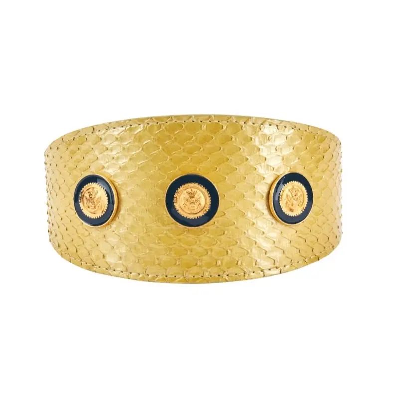 Pearl Yellow Snake With Vintage Gold & Navy Rivets. 3 Wide Style Collar