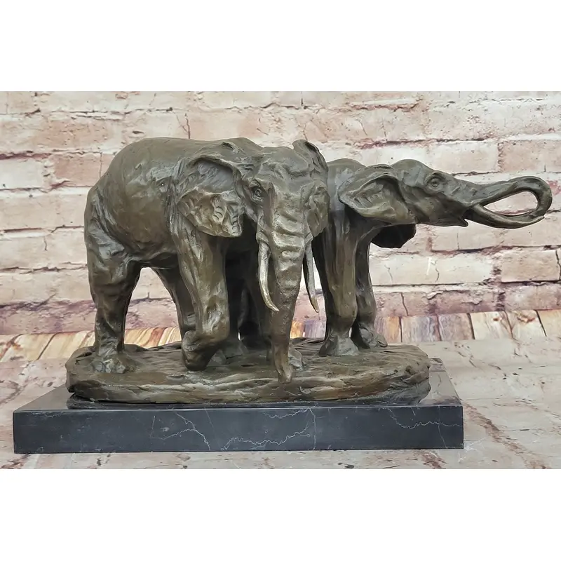 Bronze Elephant Pair Sculpture   Majestic Wildlife Art on Marble Base by Milo