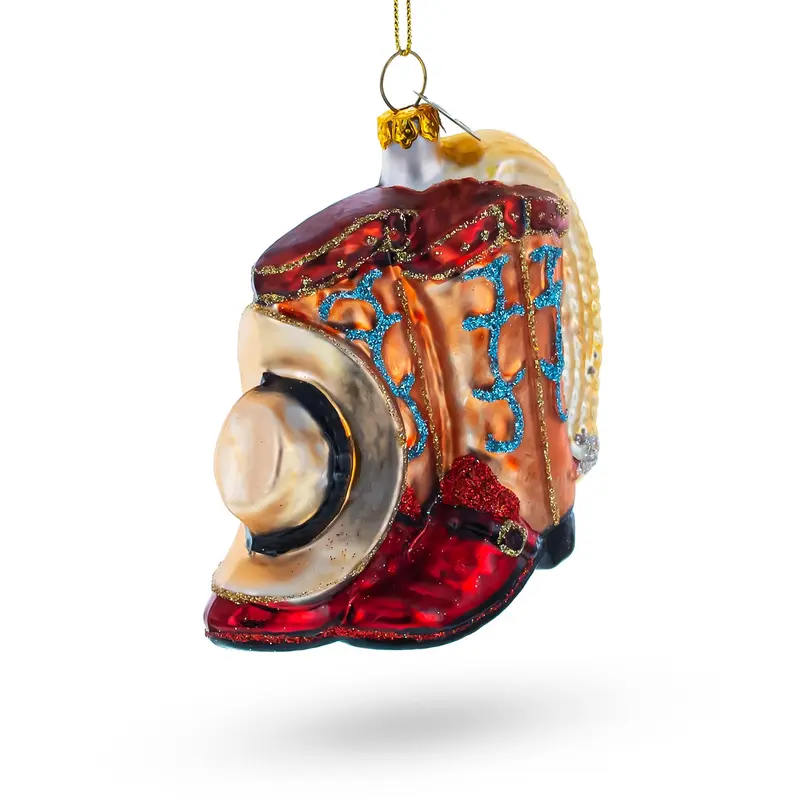 Cowboy Boots and Hat Blown Glass Christmas Ornament