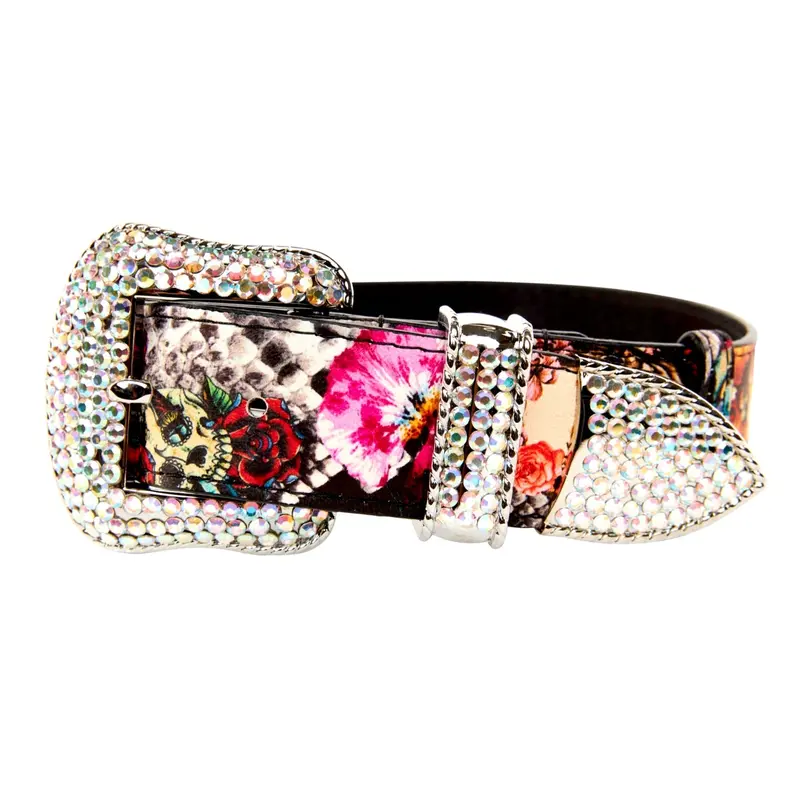 Floral, Scull, Snake Print Italian Leather Collar With Swarovski Crystal Hardware