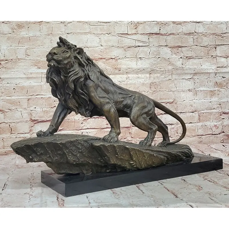 Standing Lion Bronze Sculpture   Detailed Wildlife Artwork on Marble Base