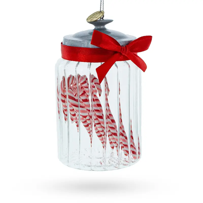 Festive Candy Cane Jar Blown Glass Christmas Ornament