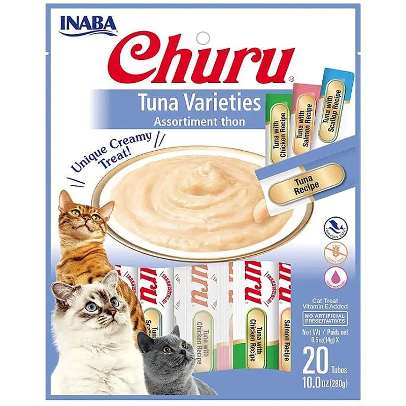 INABA Churu Creamy  Lickable Pure Cat Treat w Taurine  0.5 oz  20 Tubes  Tuna Variety