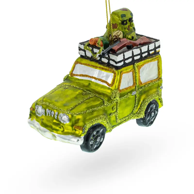 Camouflaged Hunter in a Car Blown Glass Christmas Ornament