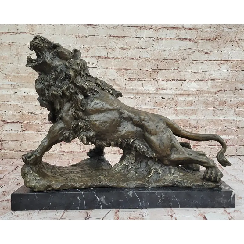 Majestic Bronze Lion in Roaring Pose   Dynamic Wildlife Sculpture on Marble Base