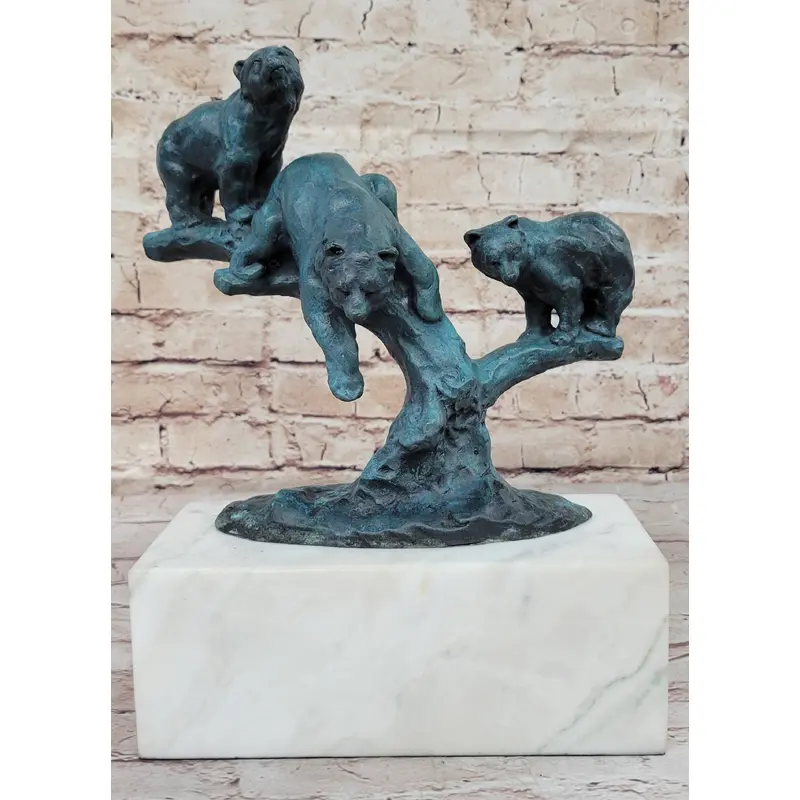 Bear Family Bears on Tree Branch - Bronze Metal Sculpture on White Marble Base