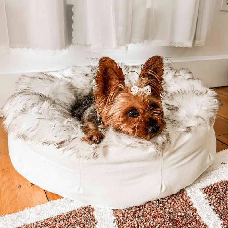 PupPouf Faux Fur Donut Dog Bed - White with Brown Accents