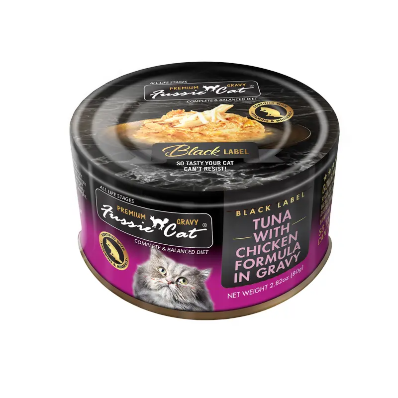 Fussie Cat Premium Black Label Tuna w/Chicken in Gravy 2.82oz can