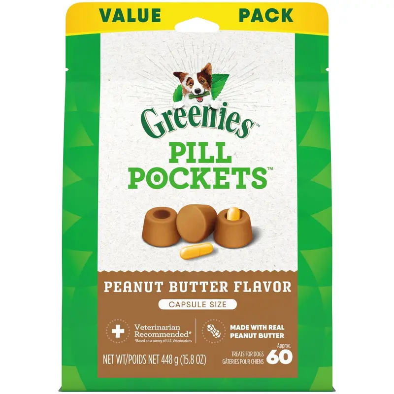 Greenies Chewy Dog Pill Pockets Peanut Butter Capsule Size Dog Treats 15.8oz