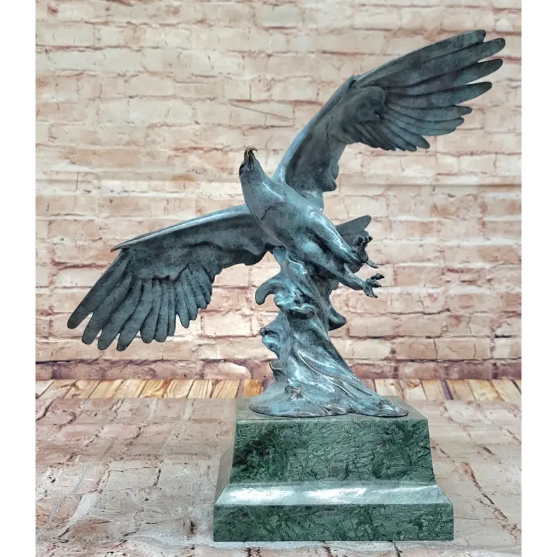 American Bald Eagle Wings Spread Green Bronze Sculpture Statue on Marble Base