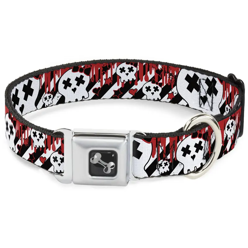 Dog Bone Seatbelt Buckle Collar - Girlie Skull Black/White w/Red Paint Drips