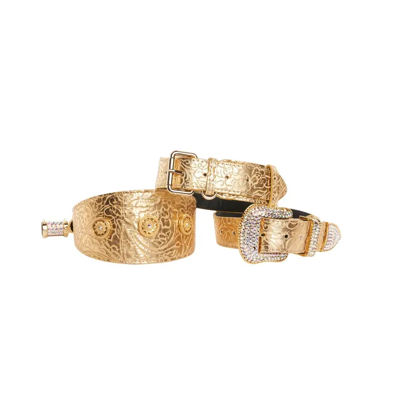 Gold Floral Italian Leather Collars. Set Of 3