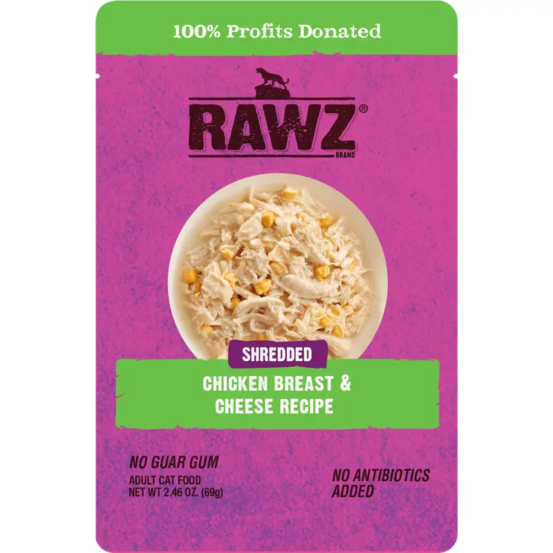 Raws Wet Cat Food 2.4oz Pouch Shreds  Chicken and Cheese