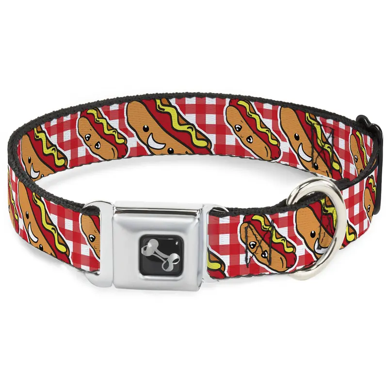Dog Bone Seatbelt Buckle Collar - Hot Dogs Buffalo Plaid White/Red
