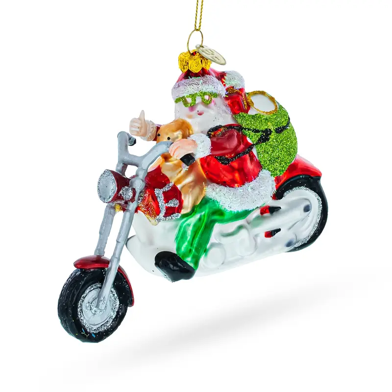 Scooter-Riding Santa Blown Glass Christmas Ornament