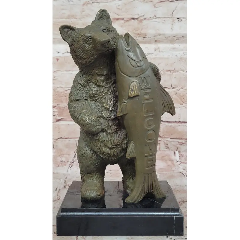 Bronze Bear Welcome Statue   Bear with Fish Cabin Decor