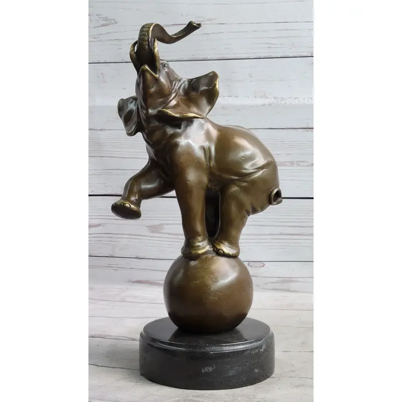 Circus Elephant Balancing on a Ball Bronze Sculpture Statue Art on Marble Base