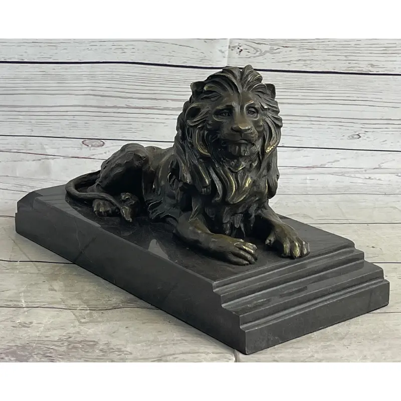 Male Guardian Lion Bronze Statue Sculpture Figure Marble Base Antoine Barye 7" x 12"