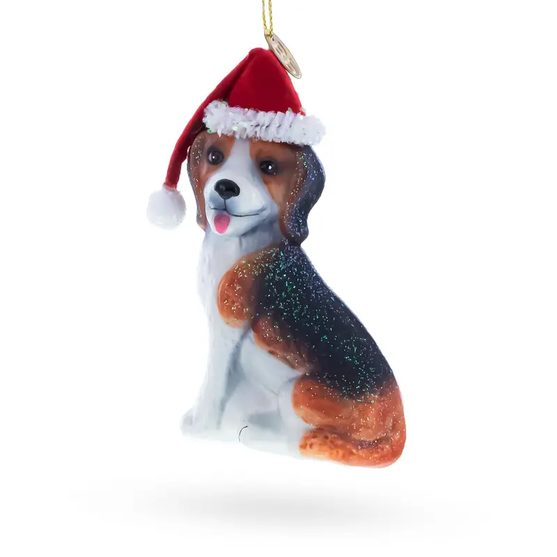 Santa Hat-Wearing Beagle Blown Glass Christmas Ornament