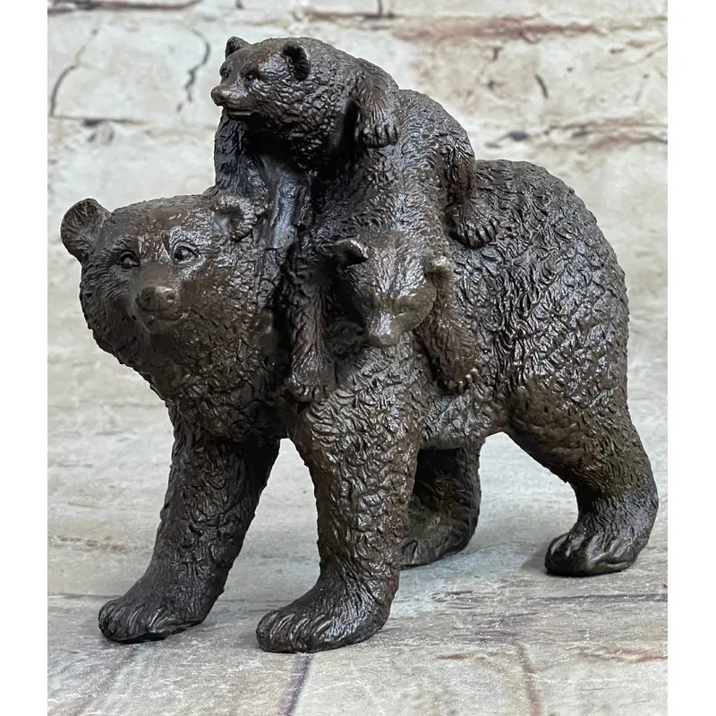Young Cubs on back Mother Bear 100% Solid Bronze Statue Sculpture Figurine
