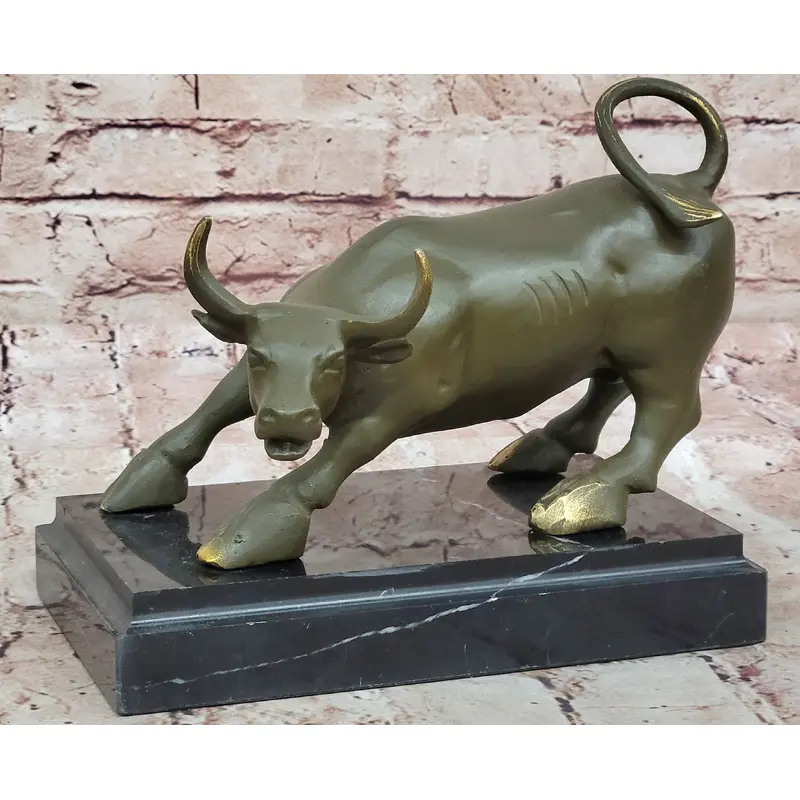 Aggressive Bull Bronze Sculpture on Marble Stand Signed Fisher