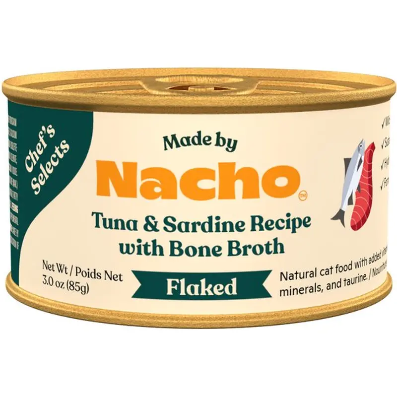 Nacho Flaked Tuna & Sardine Recipe in Bone Broth Wet Cat Food 3oz can