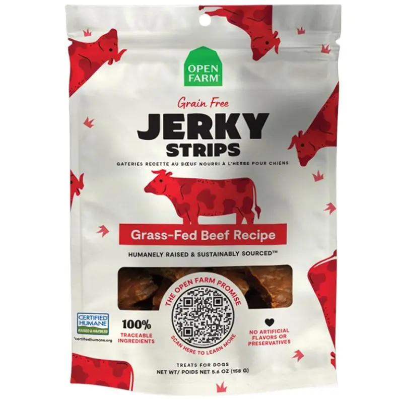 Open Farm Grain-Free Grass-Fed Beef Jerky Strips Dog Treats 5.6oz
